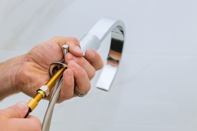 Plumber inspecting luxury faucet components for warranty coverage and replacement part availability.