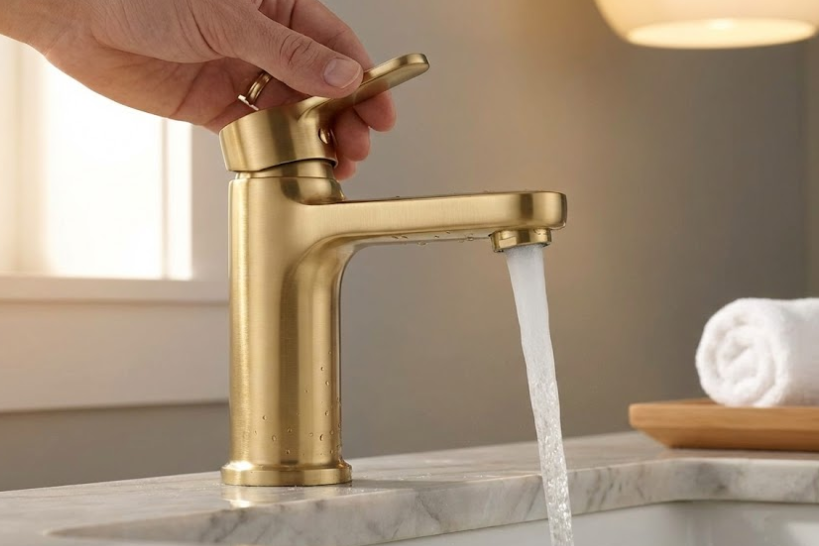 Hand turning luxury faucet with water flowing over marble