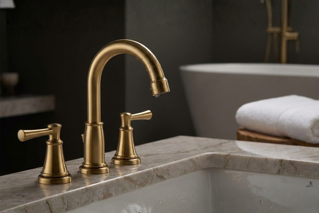 Gold luxury bathroom faucet with water dripping over marble
