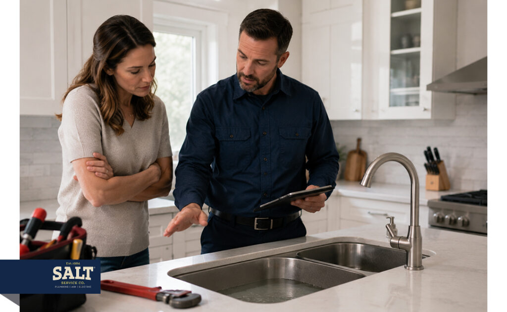 Plumber discussing kitchen sink repair with homeowner