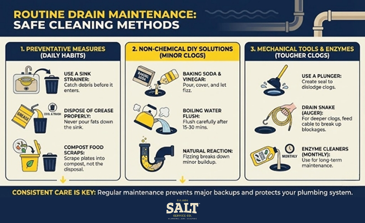 Routine drain maintenance. Safe drain cleaning methods.
