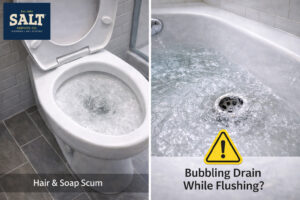 Split image showing a flushing toilet and a bathtub drain with bubbling water, highlighting a warning sign of potential plumbing or sewer line blockage.