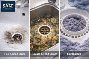 Split image showing three common drain clogs: hair and soap scum in a sink, grease and food scraps buildup, and lint blocking a drain filter.