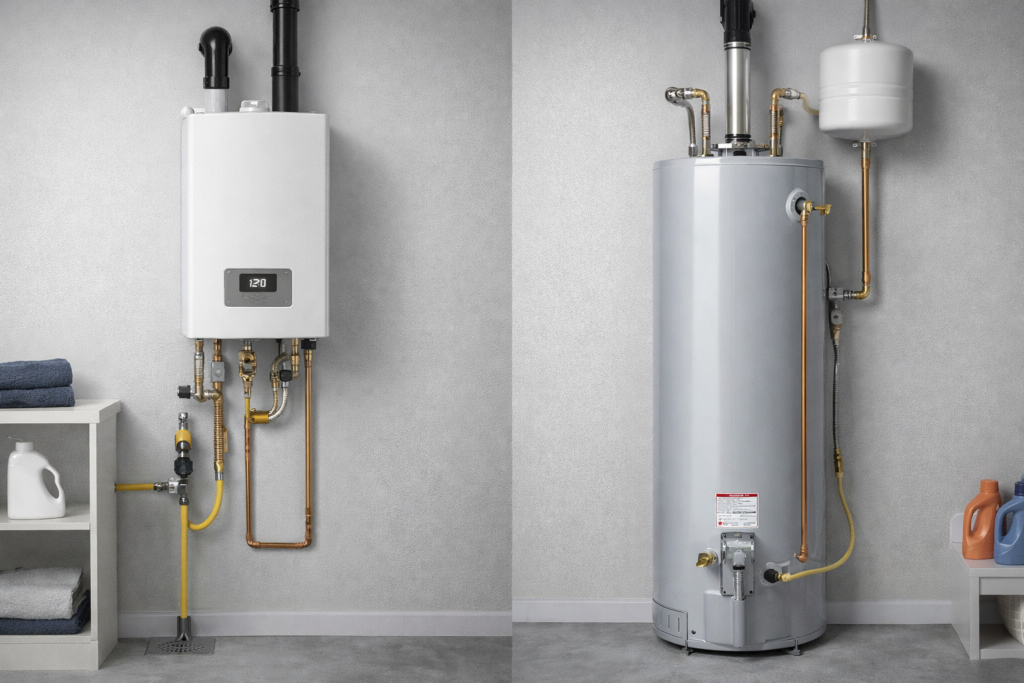 Side-by-side view of a wall-mounted tankless water heater and a traditional tank water heater, showcasing differences in size, setup, and plumbing connections.