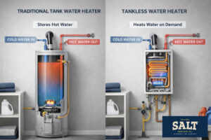 Illustration comparing traditional tank and tankless water heaters, showing how stored hot water differs from on-demand heating with labeled cold and hot water flow.