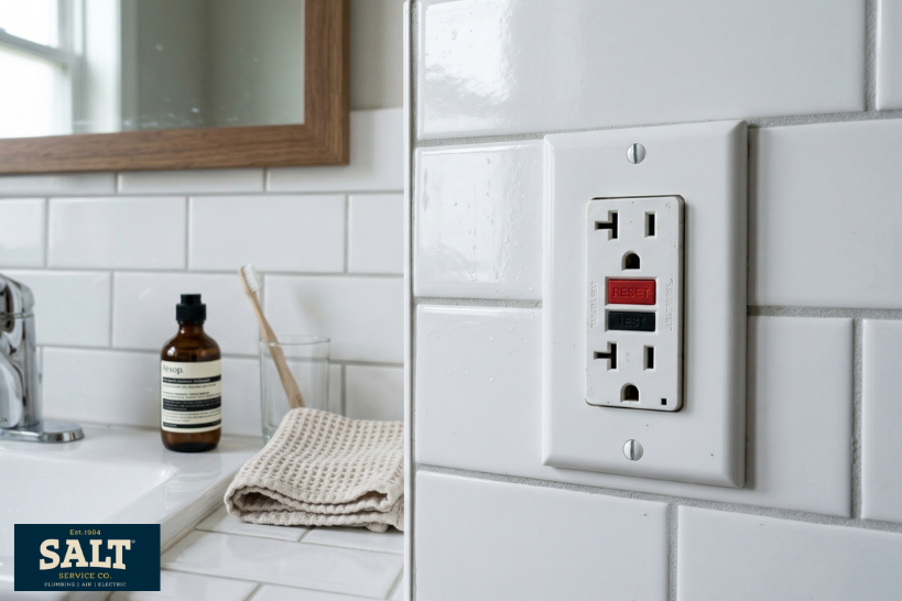 Close-up of a GFCI electrical outlet with reset and test buttons installed on a white subway tile bathroom wall next to a sink and toiletries.
