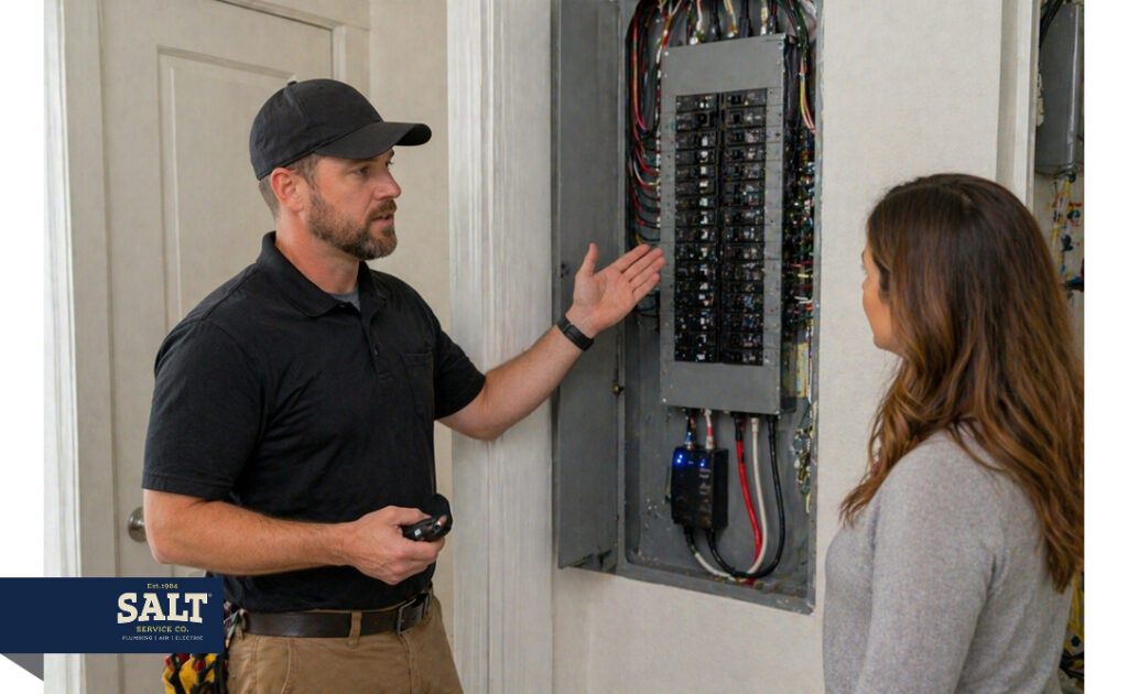 Electrician explaining an open electrical panel to a homeowner inside a house.