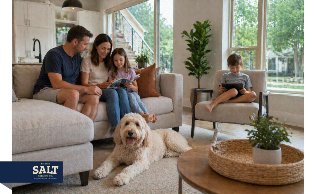 Family relaxing in a bright living room with two children and a dog.