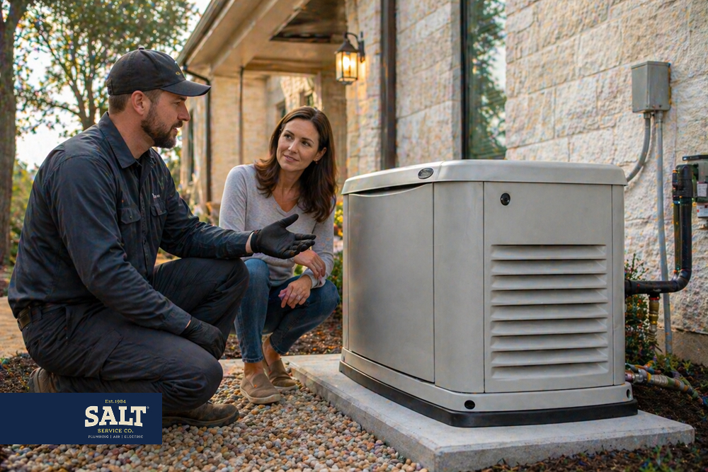 Generator technician explaining a standby home generator to a homeowner beside the house exterior