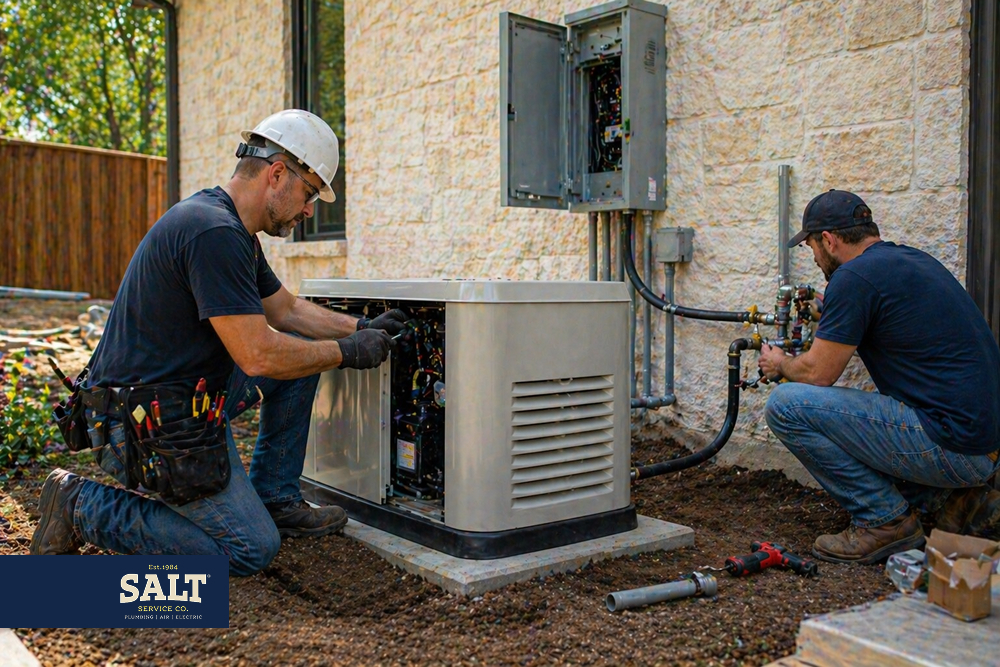 Two technicians installing and connecting a standby home generator beside a house exterior panel and gas line
