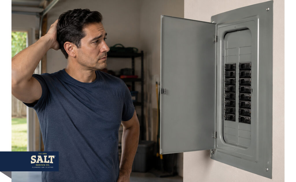 Man looking confused while checking an open electrical panel in a garage