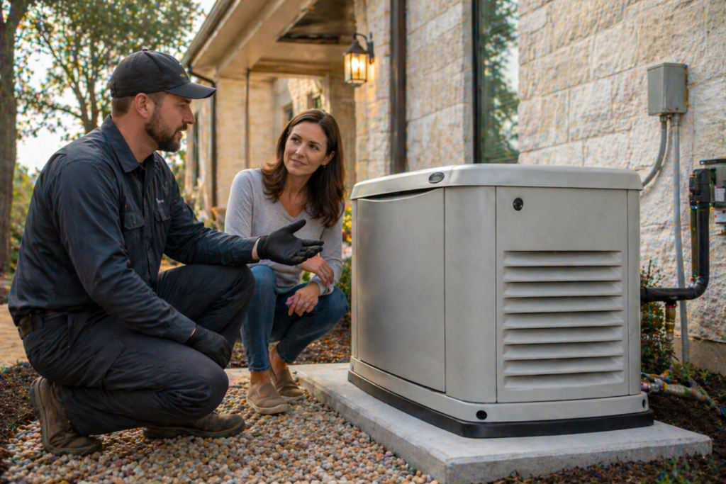 Generator technician explaining a standby home generator to a homeowner beside the house exterior