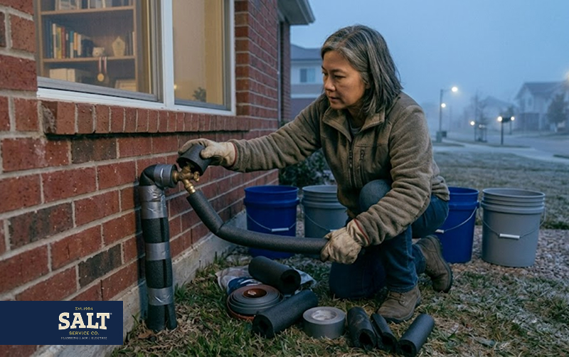 Homeowner insulating an outdoor pipe connection beside a brick house in cold weather to help prevent freezing