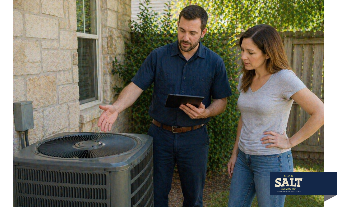 HVAC technician explaining an outdoor air conditioning unit to a homeowner beside a house.