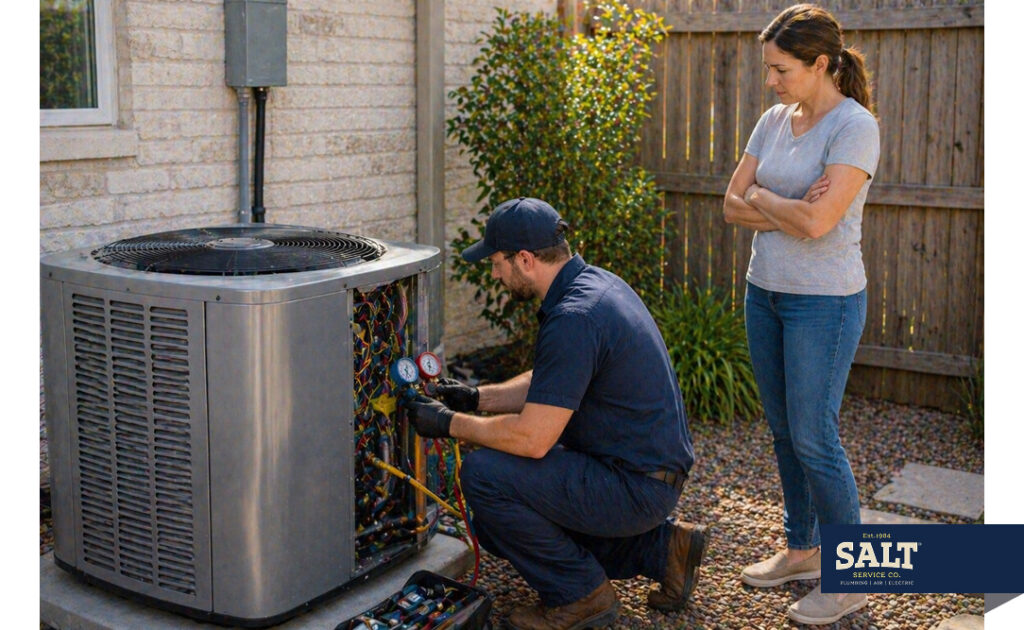 HVAC technician repairing an outdoor air conditioning unit while a homeowner watches in the backyard.