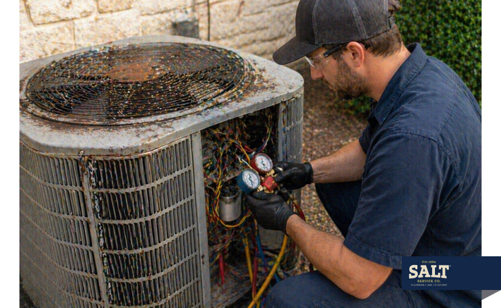 HVAC technician using pressure gauges to inspect an older outdoor air conditioning unit.
