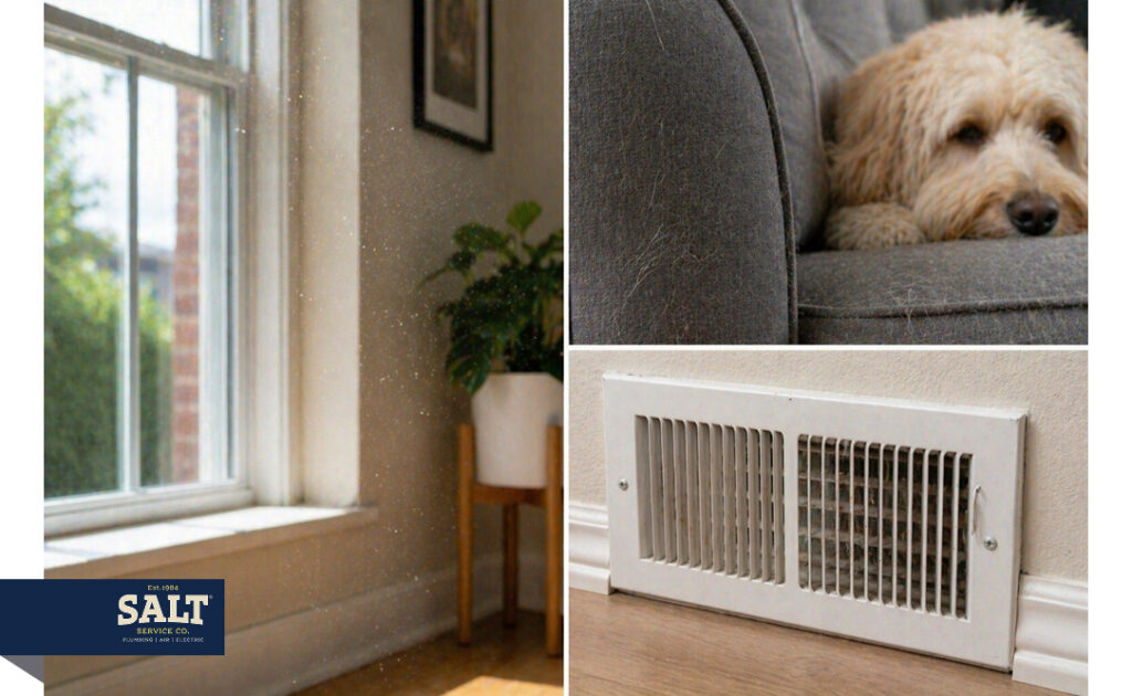 Collage showing dust in sunlight, pet hair on a couch with a dog, and a dirty indoor air vent.