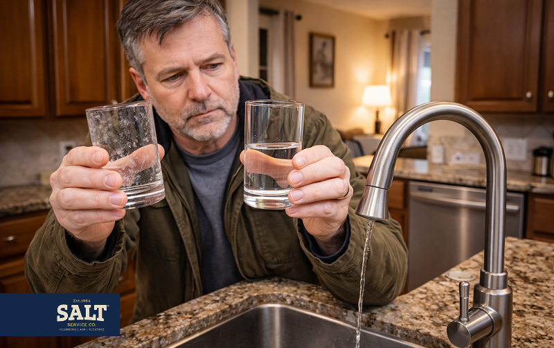 Man compares a cloudy glass of tap water with a clear glass at a kitchen sink while the faucet runs, checking water quality.