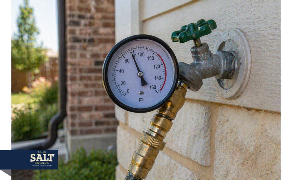 Water pressure gauge attached to an outdoor hose bib on the side of a house.