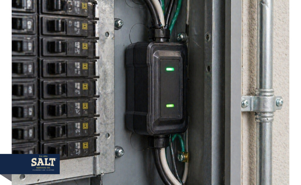 Close-up of a smart monitoring device installed inside an electrical panel next to circuit breakers.