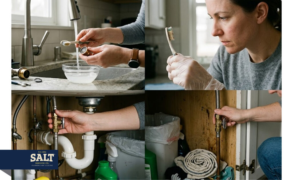 Collage showing a woman cleaning a faucet aerator and checking under-sink water shutoff valves.