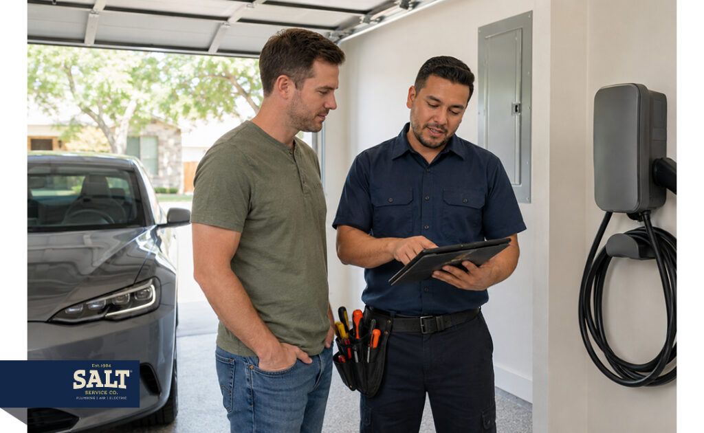 Electrician reviewing EV charger installation details with homeowner in garage