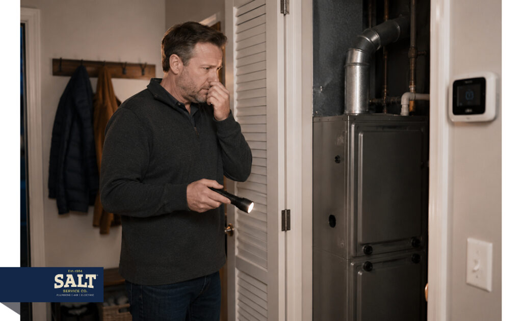 Homeowner smelling furnace odor while checking heating unit with flashlight at night