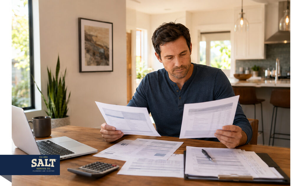 Man reviewing household utility bills at a kitchen table with a laptop and calculator nearby