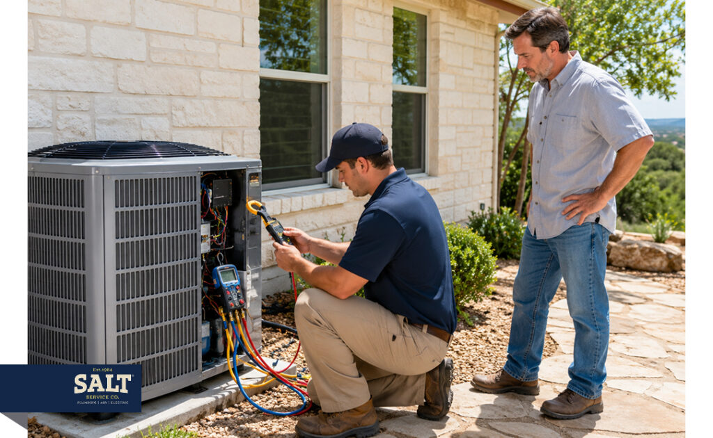 HVAC technician testing an outdoor air conditioning unit while a homeowner watches beside the house
