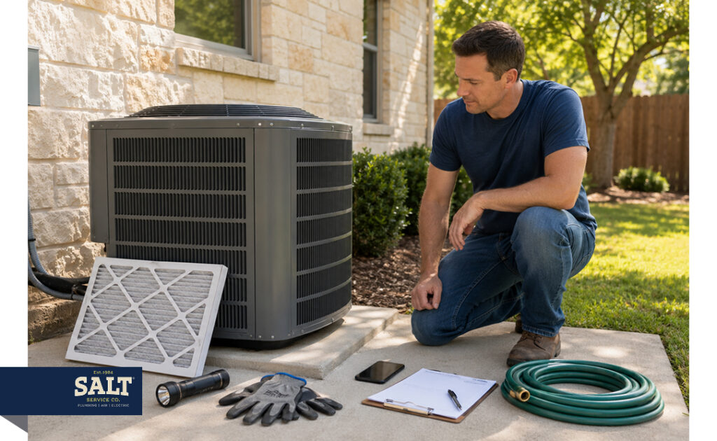 Man inspecting outdoor AC unit with filter, gloves, flashlight, clipboard, and hose nearby