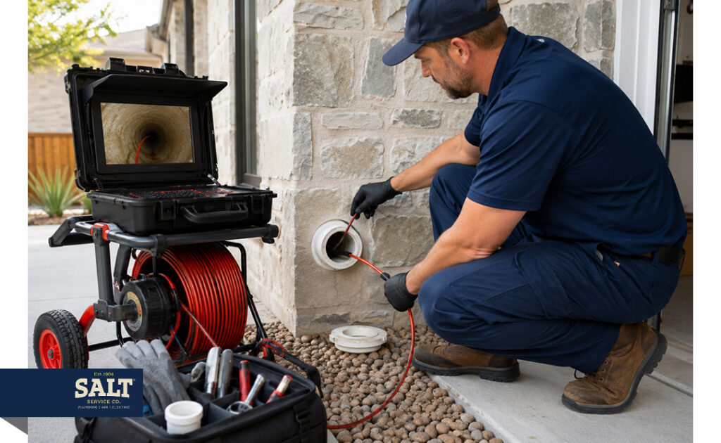 Plumber using a sewer camera to inspect an outdoor residential drain line