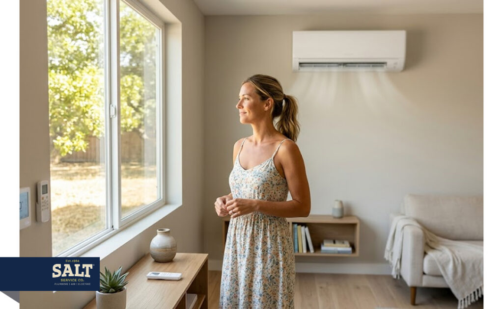 Woman standing near ductless AC unit in bright living room