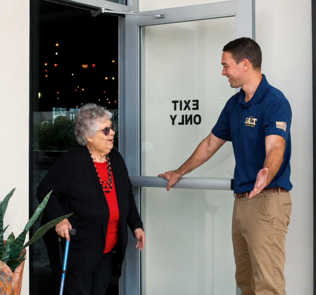 Owner of SALT Service Co holding door for senior citizen