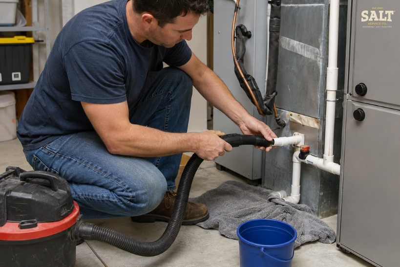 HVAC technician cleaning a condensate drain line with a vacuum hose beside an air handler during residential heating and cooling system maintenance