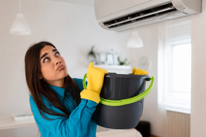 Woman holding a bucket under a leaking ductless mini split air conditioner with water dripping during an indoor HVAC repair issue