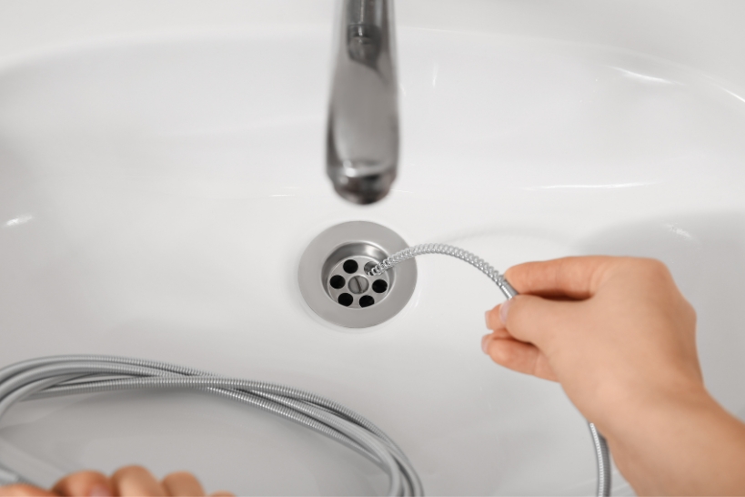 Plumber using a drain snake to clear a clogged bathroom sink drain.