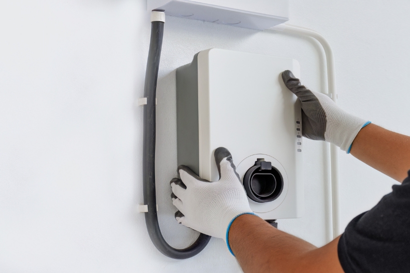 Technician installing a wall-mounted EV charger for a home in Austin, TX.