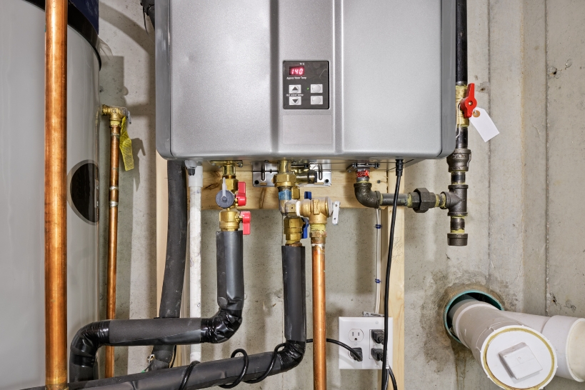 Tankless water heater with upgraded gas line, copper piping, and shutoff valves.