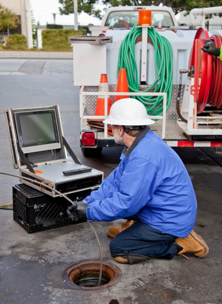 Plumbing technician performing a sewer camera inspection before hydro jetting a main sewer line.