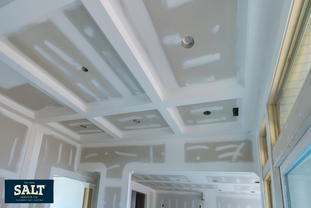 Unfinished ceiling showing mounting locations and site conditions that can affect ceiling fan installation.